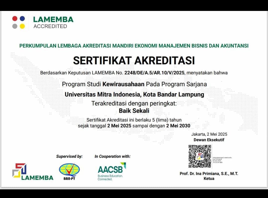 Program Studi S1 Kewirausahaan UMITRA, Satu-Satunya Prodi di Lampung Yang Raih Akreditasi Baik Sekali